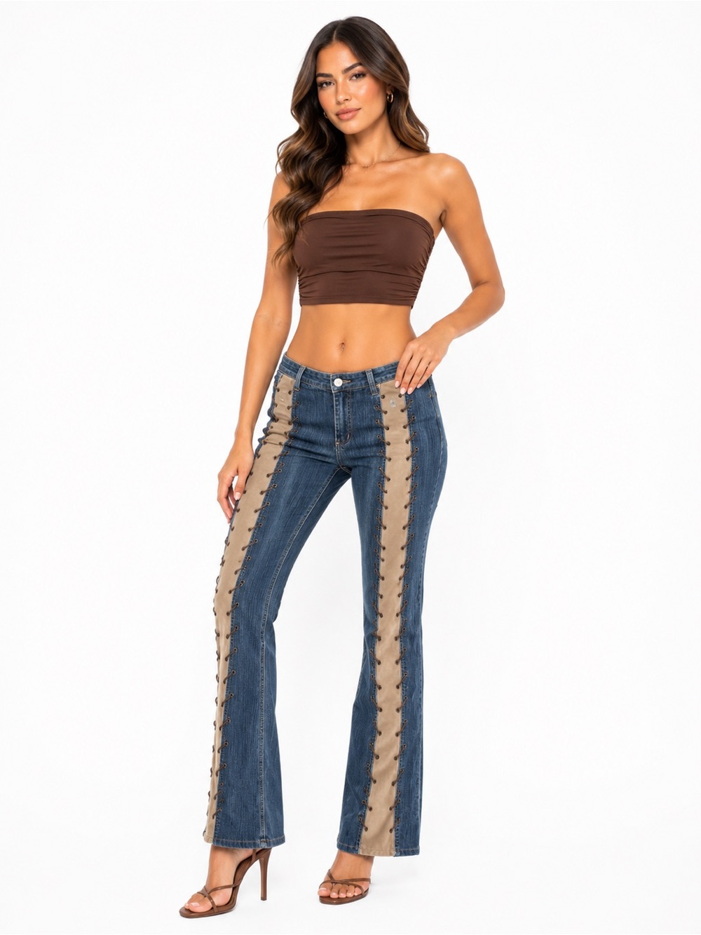 Von Dutch Apollo Two-Tone Lace-Up Flare Jeans – Blue/Tan – Size 19/20